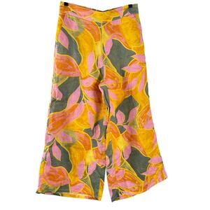 Tahari Vibrant Hawaiian Pants Yellow Pink Colorful Linen High Waist Vacay Sz M